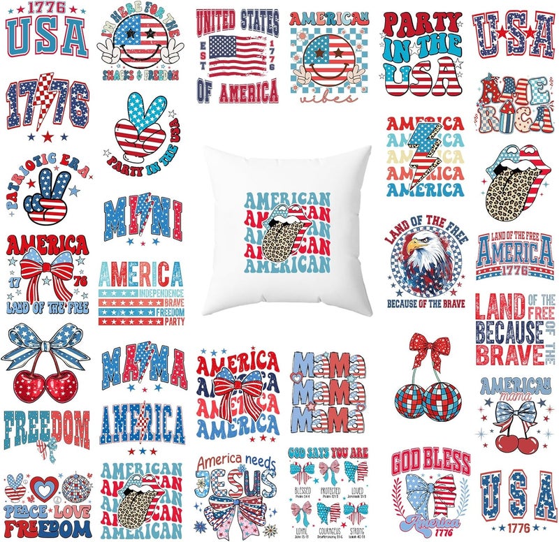 HTVSTD 32 Sheets 4th of July Iron on Transfers Independence Day DTF Transfers Ready to Press American Flag Iron on Decals for T-Shirts Heat Transfer Vinyl Iron on Decals for DIY Patches Decals - Image 1
